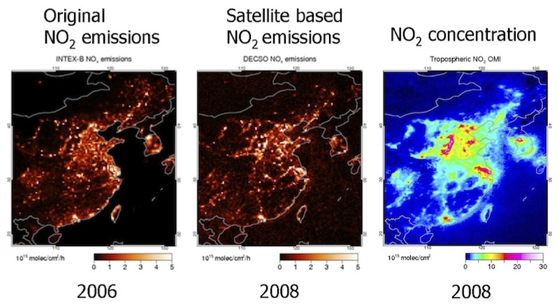 Original NO2 emissions, Satellite based NO2 emissions, NO2 concentration