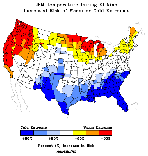 Percent Increase in Risk of Extremes due to ENSO
