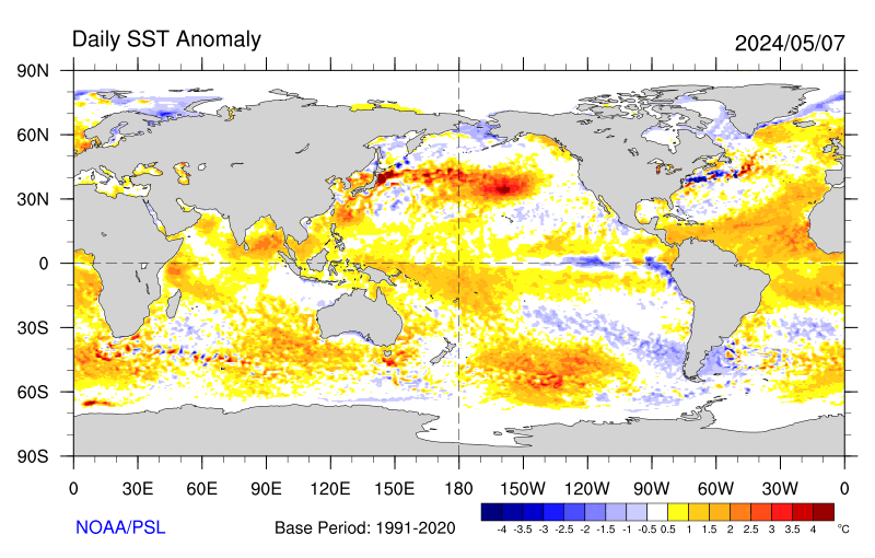 Anomalía temperatura superficial de los océanos.