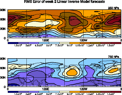 RMS Error of
      week 2 Linear Invsere Model Streamfunction Forecasts