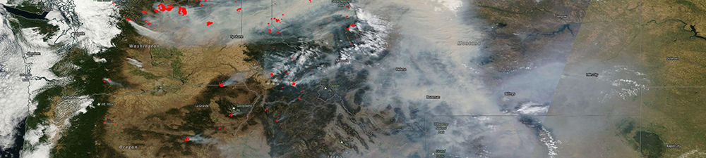 NASA MODIS satellite image of smoke and hotspots
