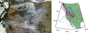 (Left) MODIS satellite image of fire “hot spots” (red dots) and the visible smoke from those fires spanning the western United States on August 20, days before the worst air quality day in Colorado during that time period. (Right) HYSPLIT air mass model for August 20-23, 2015. The lines represent transport pathways of air masses during that time period, with most traveling over the Pacific Northwest to Boulder.