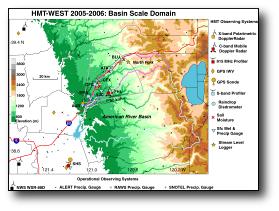 Link to fullsize image of HMT-West-2006 map of American River basin showing experiments sites.