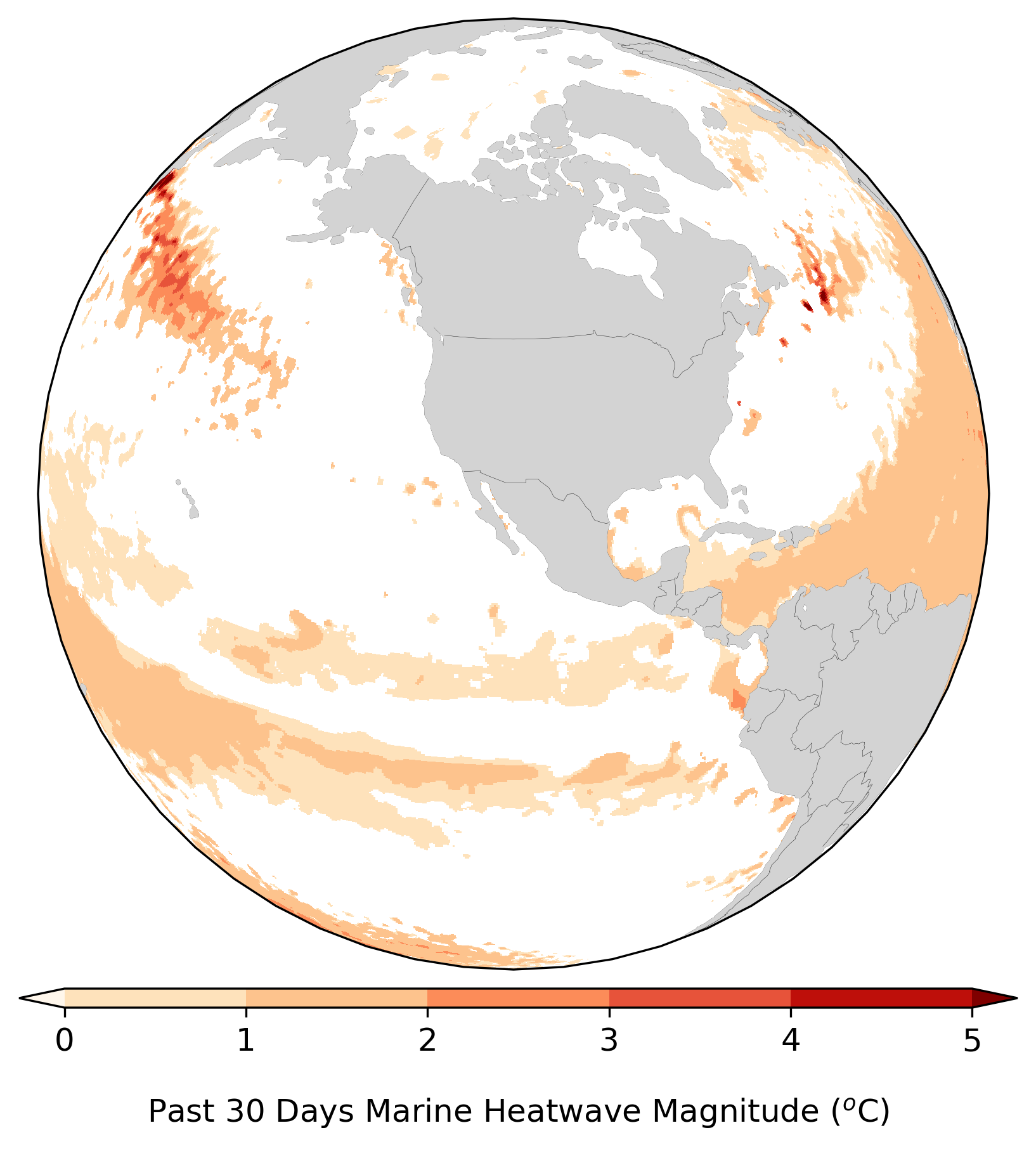 Globe graphic showing examples of marine heatwaves around the United States