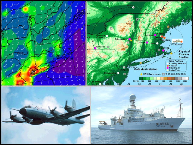 clockwise: Forecast Models image; Profiler Network map; NOAA WP-3D Orion aircraft; NOAA Research Vessel Ronald H. Brown