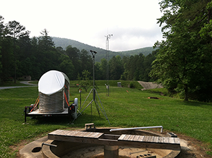Instrumentation recently installed in Hankins, NC for the HMT-Southeast Pilot Study (midground left to right: snow-level radar, rain gauge, optical disdrometer, and meteorological tower).