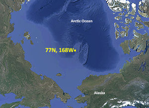 77N, 168W: Area in the Arctic Ocean where the ship will be stationed for 20 days taking observations