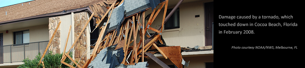 Damage caused by a tornado, which touched down in Cocoa Beach, Florida in February 2008. Photo courtesy NOAA/NWS, Melbourne, FL